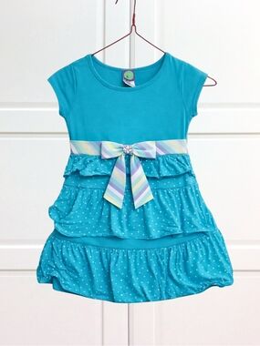 Dollie Me Girls Dress Bright Blue Ruffle Polka Dot Bow Detail Size 6